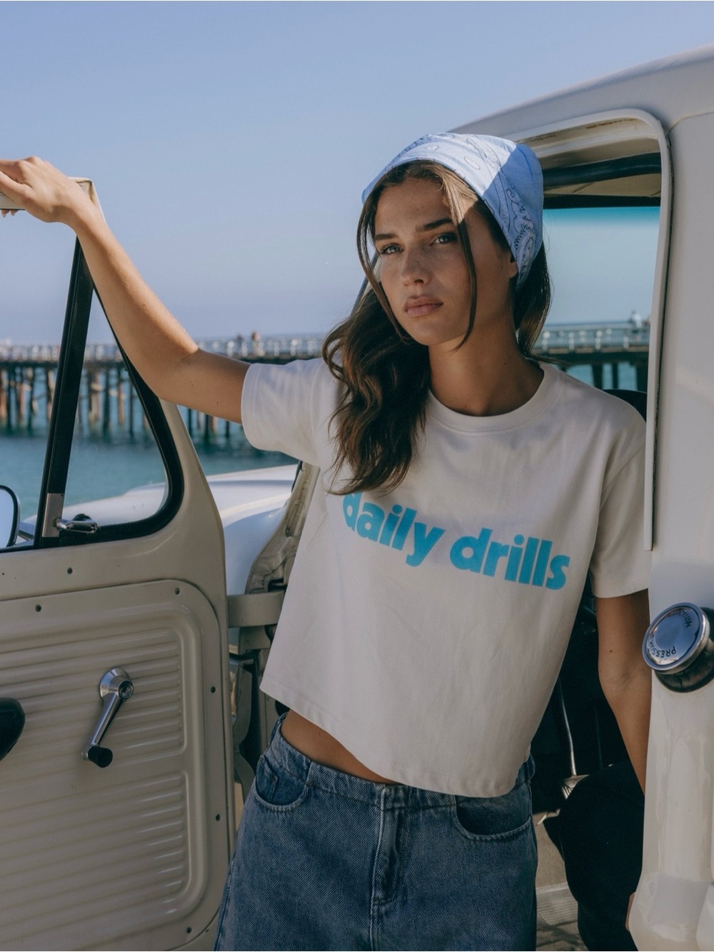 Daily Drills Cream Boxy Tee with Blue Logo